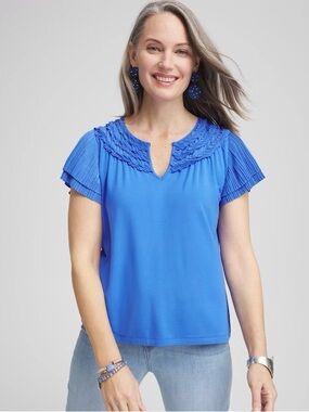 CHICO’S NWT 2 Touch of Cool Layered Pleated Flutter Tee Blue Pearl Feminine Top